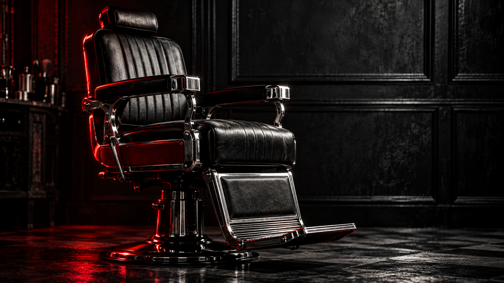 Illustrative still life: empty vintage barber chair against a dark wall