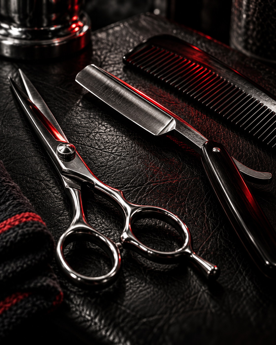 Illustrative still life: barber tools arranged on black leather